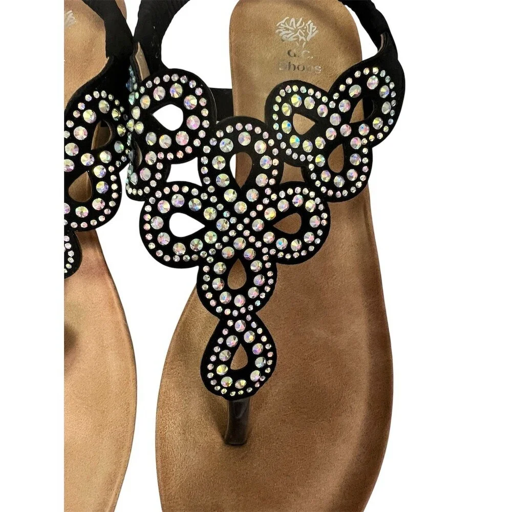 G.C. Shoes Madelyn Wedge Sandals Womens 8.5 Black Rhinestone T-Strap Thong